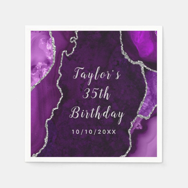 Purple and Silver Agate Marble Birthday Napkins (Front)