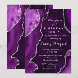 Purple and Silver Agate Marble Birthday Party Invitation