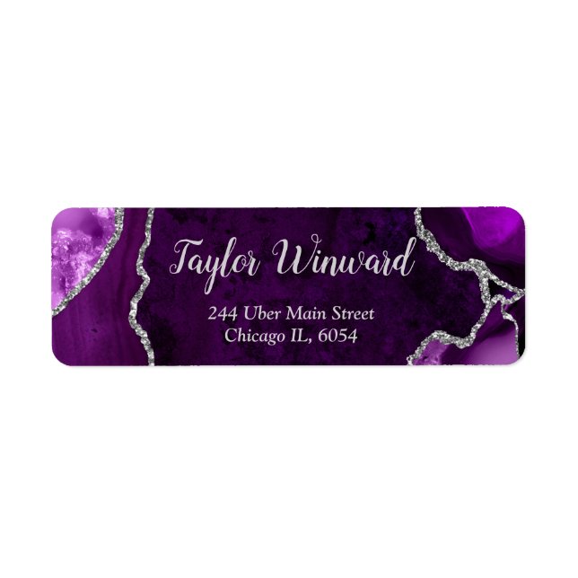 Purple and Silver Agate Marble Birthday Party Label (Front)