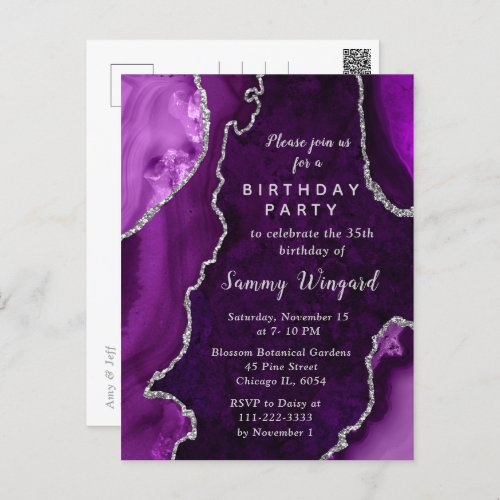 Purple and Silver Agate Marble Birthday Party Postcard