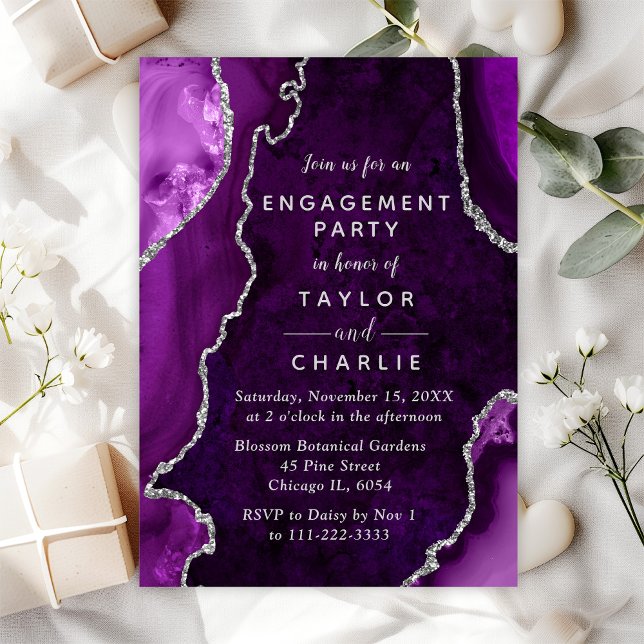 Purple and Silver Agate Marble Engagement Party Invitation (Creator Uploaded)