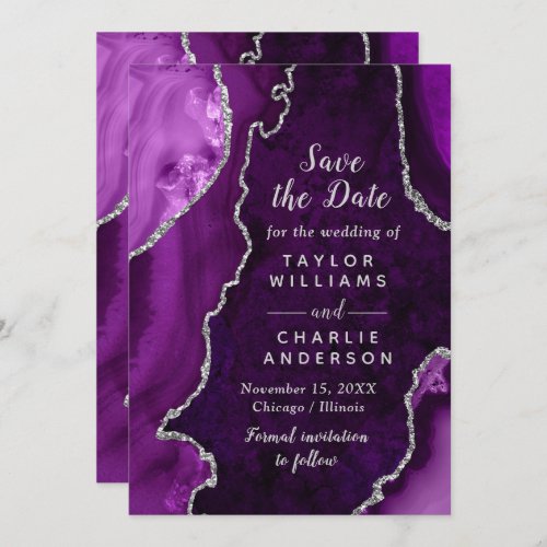 Purple and Silver Agate Marble Save The Date Invitation