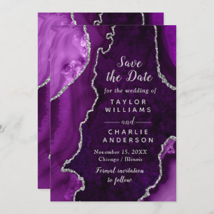Purple and Silver Agate Marble Save The Date Invitation