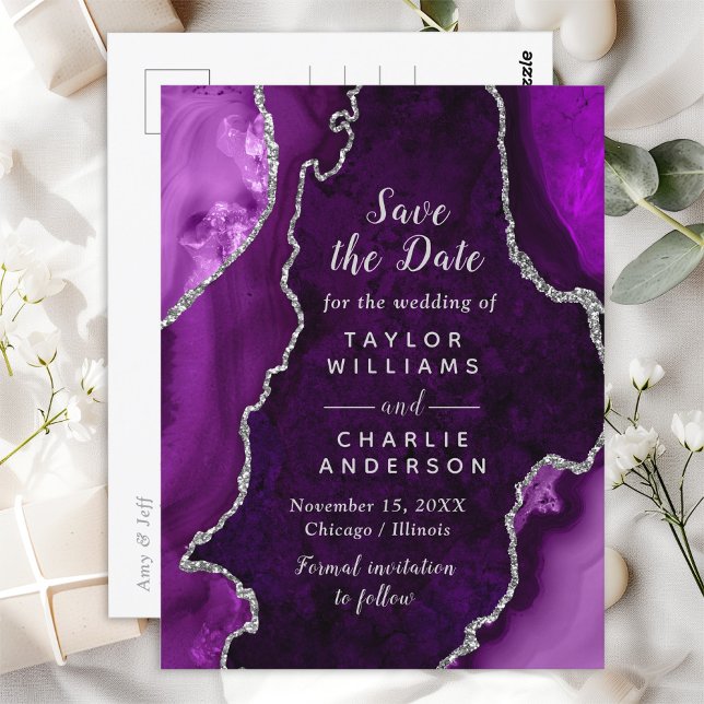 Purple and Silver Agate Marble Save The Date Postcard (Creator Uploaded)