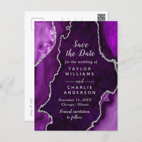 Purple and Silver Agate Marble Save The Date Postcard