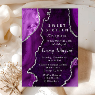 Purple and Silver Agate Marble Sweet Sixteen Invitation