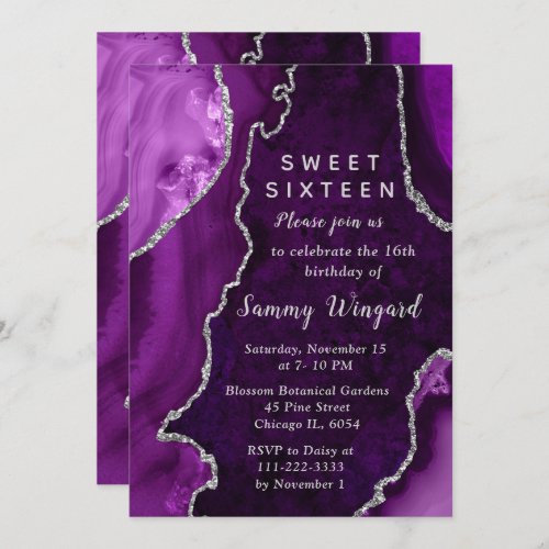 Purple and Silver Agate Marble Sweet Sixteen Invitation