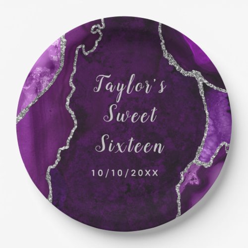 Purple and Silver Agate Marble Sweet Sixteen Paper Plates