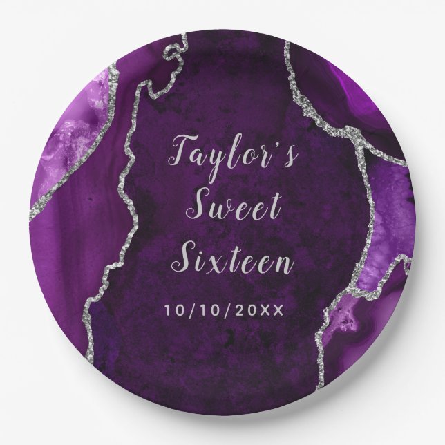 Purple and Silver Agate Marble Sweet Sixteen Paper Plates (Front)