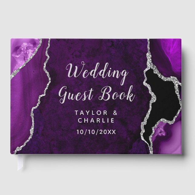 Purple and Silver Agate Marble Wedding Guest Book (Front)