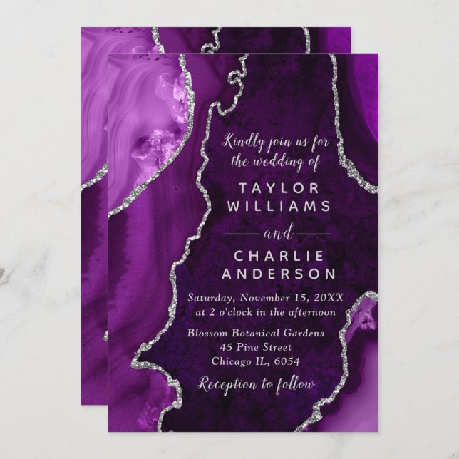 Purple and Silver Agate Marble Wedding Invitation (Front/Back)