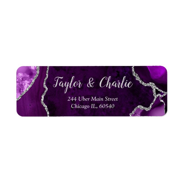 Purple and Silver Agate Marble Wedding Label (Front)