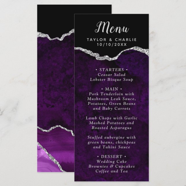 Purple and Silver Agate Marble Wedding Menu (Front/Back)