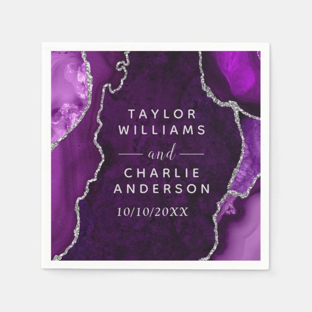 Purple and Silver Agate Marble Wedding Napkins (Front)