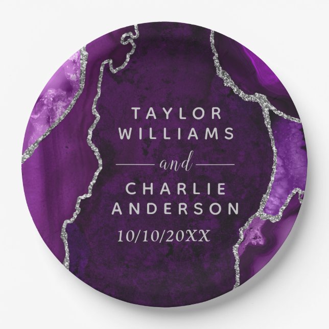 Purple and Silver Agate Marble Wedding Paper Plates (Front)