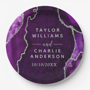 Purple and Silver Agate Marble Wedding Paper Plates