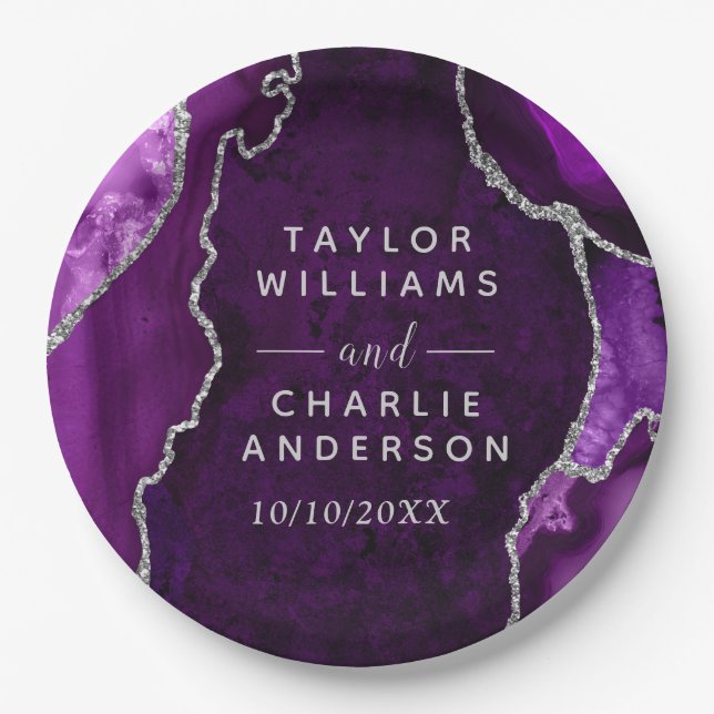 Purple and Silver Agate Marble Wedding Paper Plates (Front)