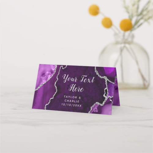 Purple and Silver Agate Marble Wedding Place Card