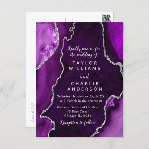 Purple and Silver Agate Marble Wedding Postcard