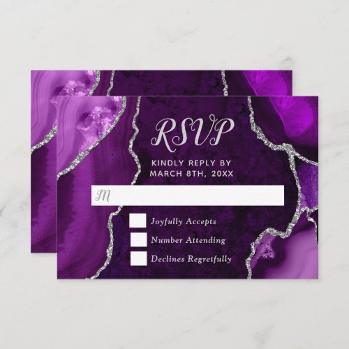 Purple and Silver Agate Marble Wedding RSVP Card