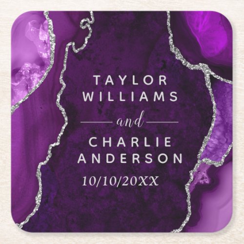 Purple and Silver Agate Marble Wedding Square Paper Coaster