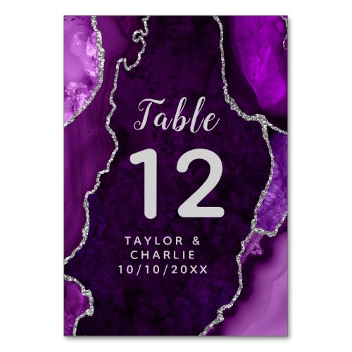 Purple and Silver Agate Marble Wedding Table Number