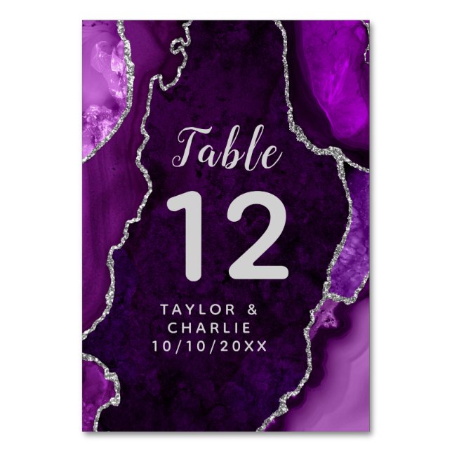 Purple and Silver Agate Marble Wedding Table Number (Front)