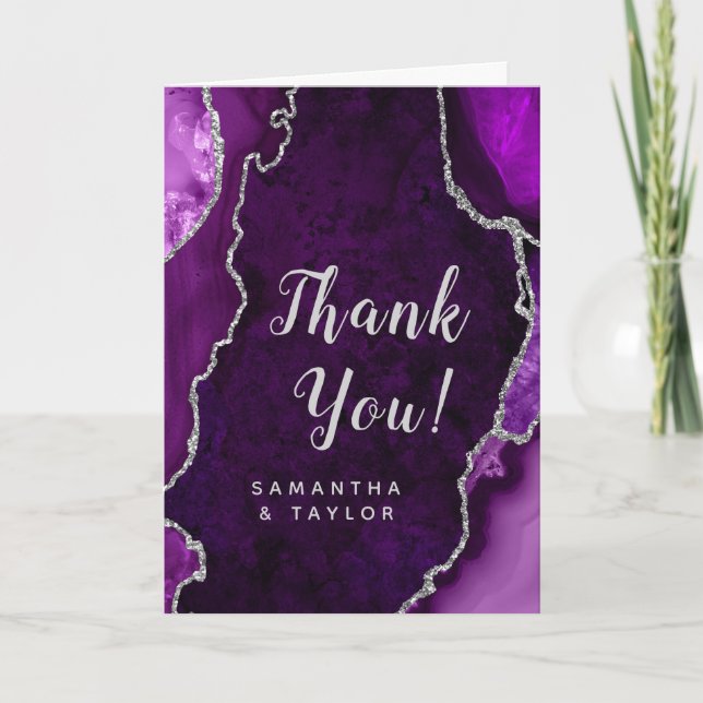 Purple and Silver Agate Marble Wedding Thank You Card (Front)