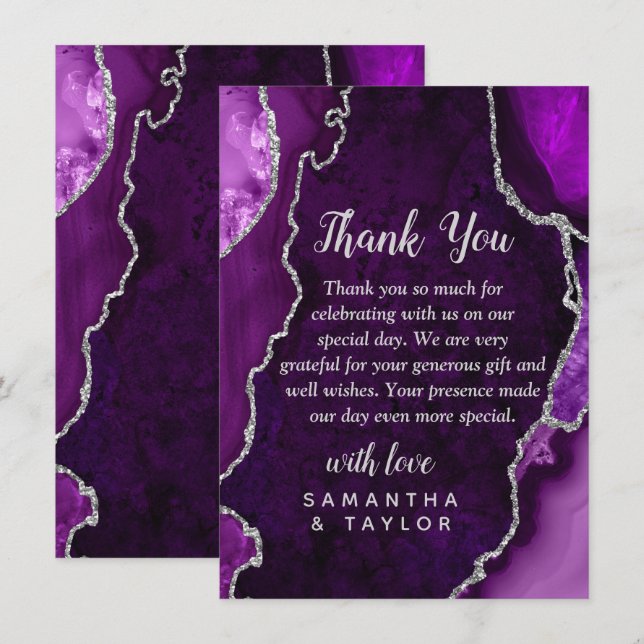 Purple and Silver Agate Marble Wedding Thank You Card (Front/Back)