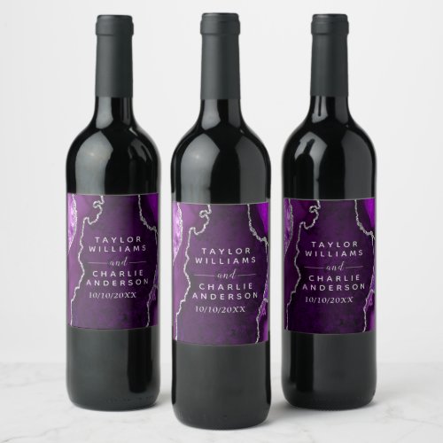 Purple and Silver Agate Marble Wedding Wine Label