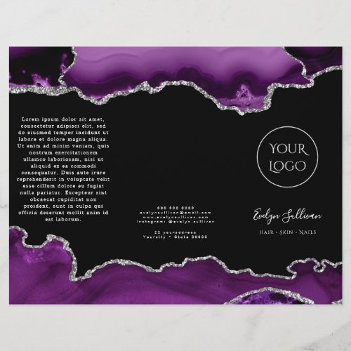 purple and silver agate on black brochure