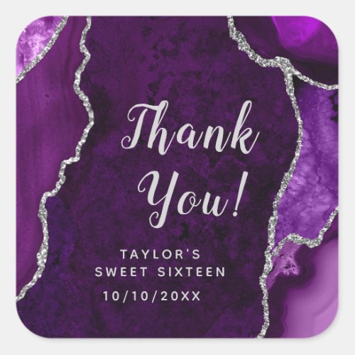 Purple and Silver Agate Sweet Sixteen Thank You Square Sticker