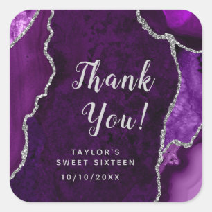 Purple and Silver Agate Sweet Sixteen Thank You Square Sticker