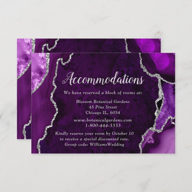 Purple and Silver Agate Wedding Accommodations Enclosure Card (Front/Back)