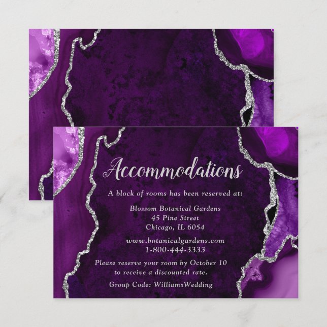 Purple and Silver Agate Wedding Accommodations Enclosure Card (Front/Back)