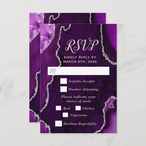 Purple and Silver Agate Wedding Meal Choice RSVP Card