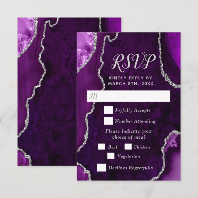 Purple and Silver Agate Wedding Meal Choice RSVP Card (Front/Back)