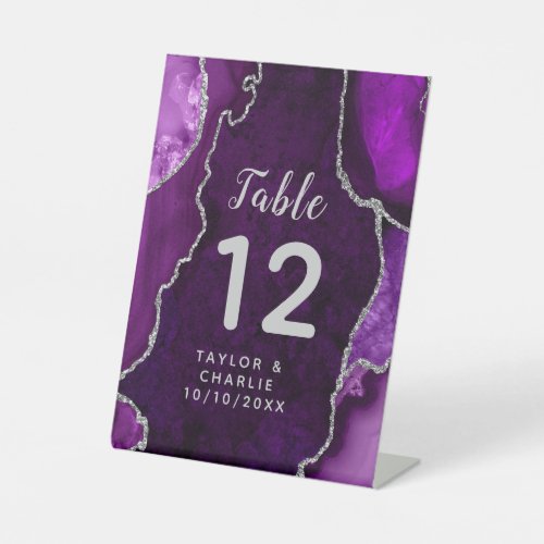 Purple and Silver Agate Wedding Table Number Pedestal Sign