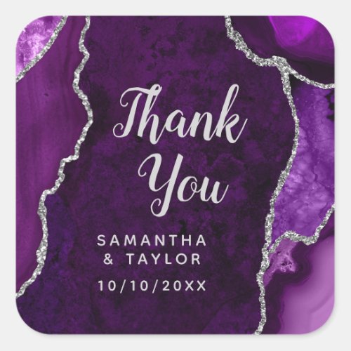 Purple and Silver Agate Wedding Thank You Square Sticker