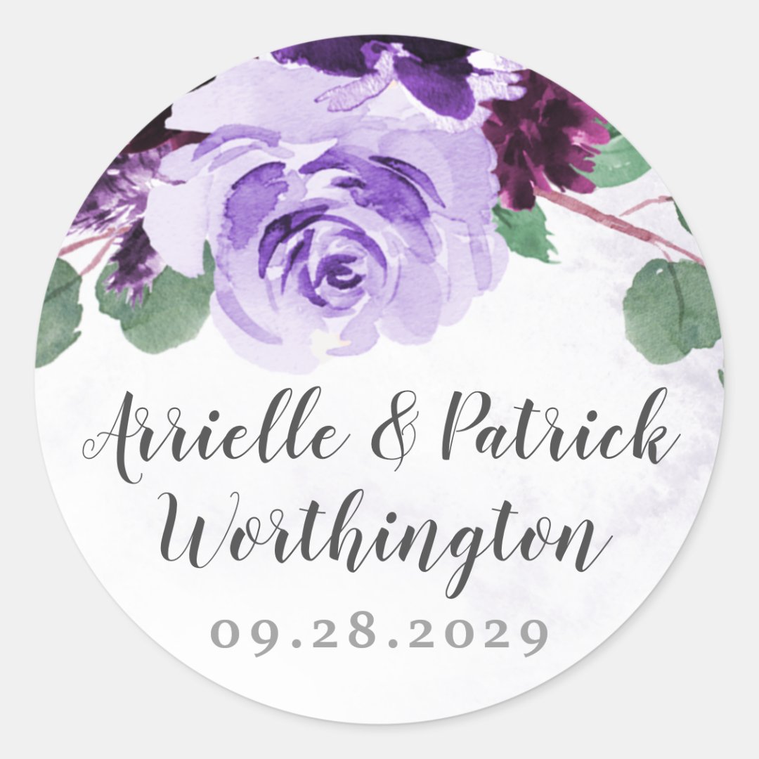 Purple and Silver Airy Floral Vintage Wedding Classic Round Sticker ...