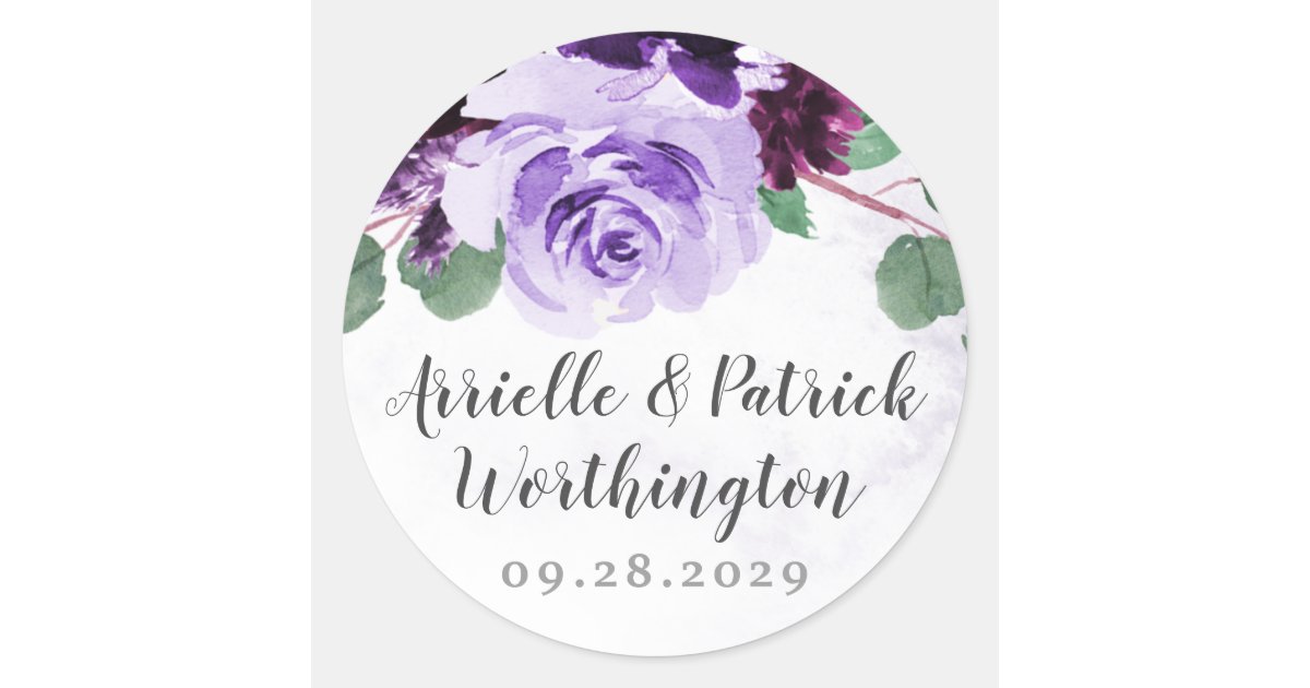 Purple and Silver Airy Floral Vintage Wedding Classic Round Sticker ...