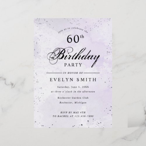 Purple and silver birthday foil invitation