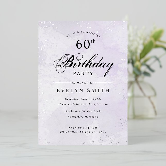 Purple and silver birthday foil invitation (Standing Front)