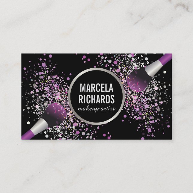 Purple and Silver Blush Confetti Makeup Artist Business Card (Front)