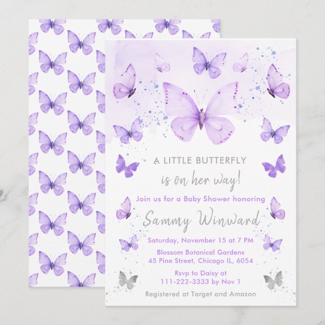 Purple and Silver Butterfly Baby Shower Invitation (Front/Back)