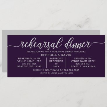 purple and silver Calligraphy Rehearsal Dinner Invitation
