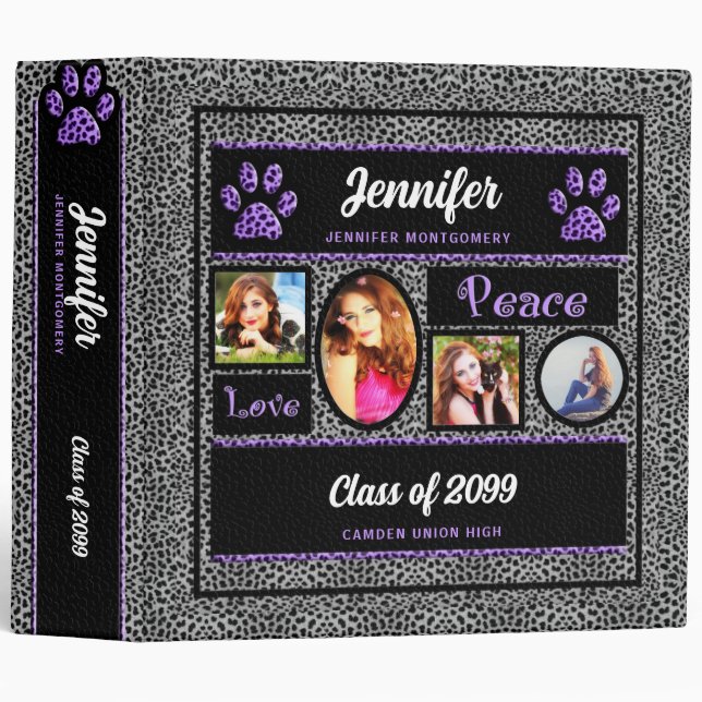 Purple and Silver Cheetah Photo Back to School Binder (Front/Spine)