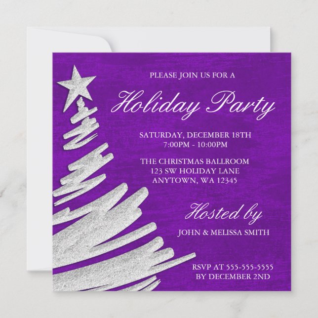 Purple and Silver Christmas Tree Holiday Party Invitation (Front)