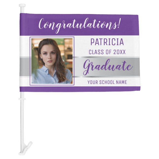 Purple And Silver Congratulations Grad Photo Car Flag (Front)