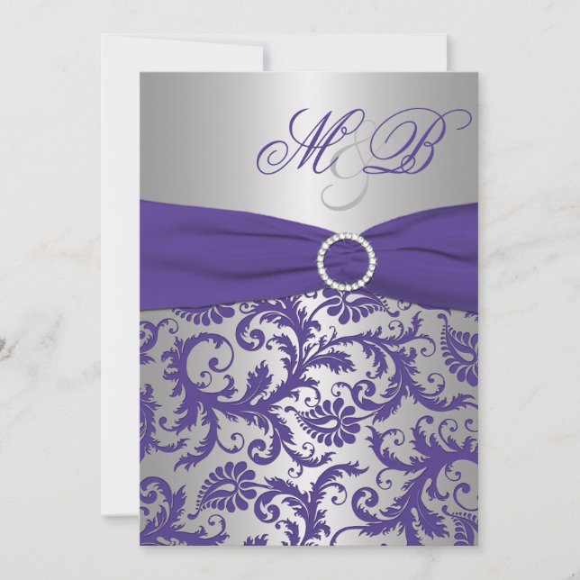 Purple and Silver Damask Monogrammed Invitation (Front)